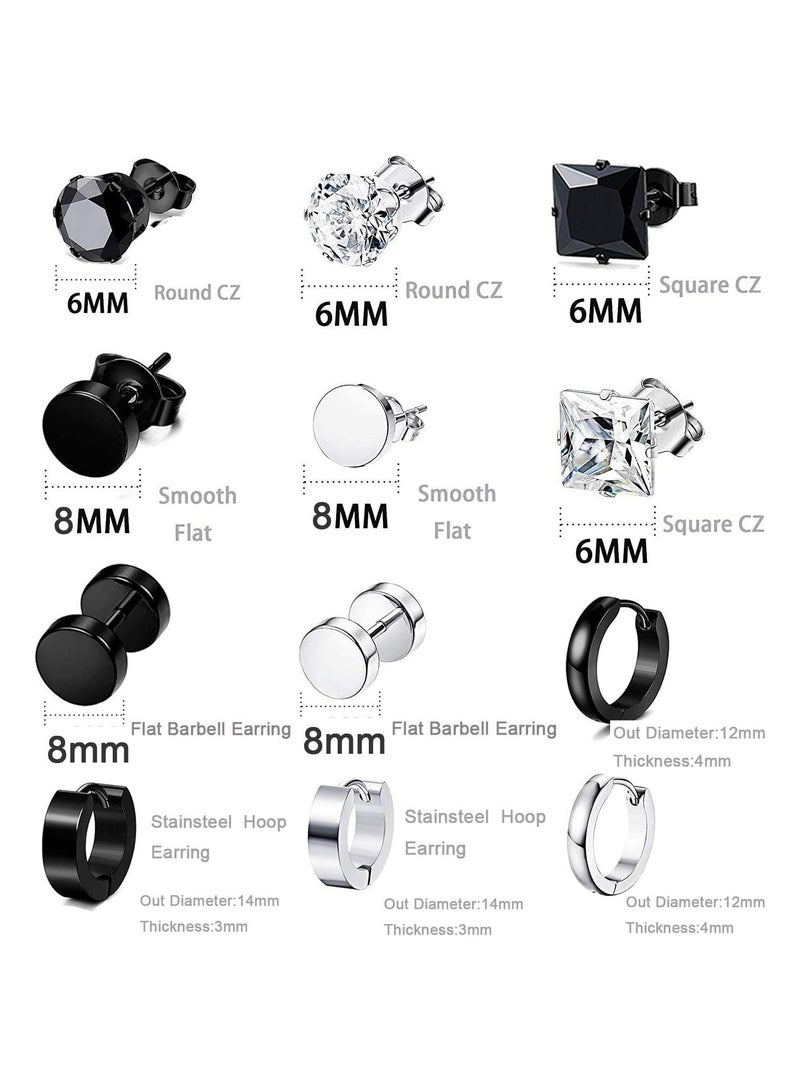 Earrings for Men, Stainless Steel Black Stud Earrings Hoop Earrings Set for Unisex, Boys Girls Jewelry Set Gift (12 Pairs Set) - Image 2