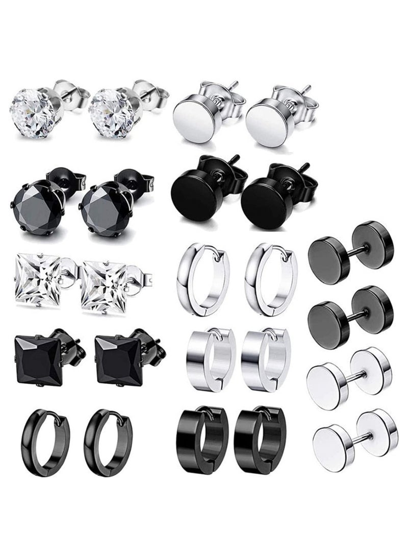 Earrings for Men, Stainless Steel Black Stud Earrings Hoop Earrings Set for Unisex, Boys Girls Jewelry Set Gift (12 Pairs Set) - Image 1
