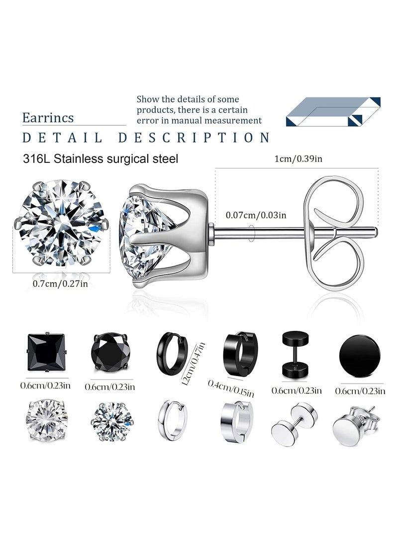 Earrings for Men, Stainless Steel Black Stud Earrings Hoop Earrings Set for Unisex, Boys Girls Jewelry Set Gift (12 Pairs Set) - Image 3
