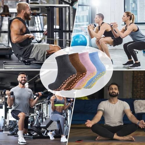 WKLOUYHE 4 Pairs Womens Mens Non-slip Grip Socks ABS Sport Socks for Yoga Pilates Barre Trampoline Fitness Martial Hospital Home Walking Socks with Grips_Multicolour,Free Size - Image 4