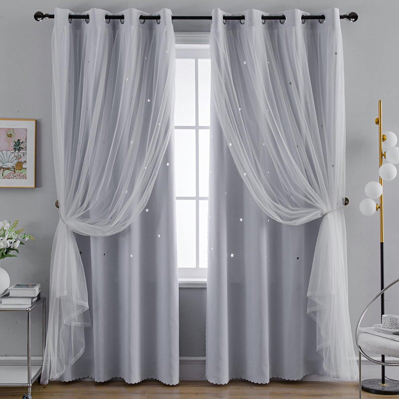 Anytime Romantic Kids CurtainHollowOut Stars Window Curtain Double Layer Blackout Curtains for Girls Bedroom Kids Room 2PanelW52 x L95Greyish White