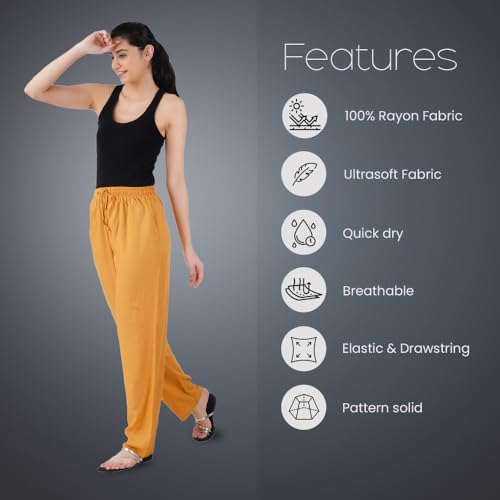 Happy Bunny Rayon Straight Pants for Women, Stylish Solid Regular Fit Kurti Bottom Wear with Elastic Waist, Adjustable Drawstring & Side Pocket, Casual, Office (2XL, Honey) - Image 2