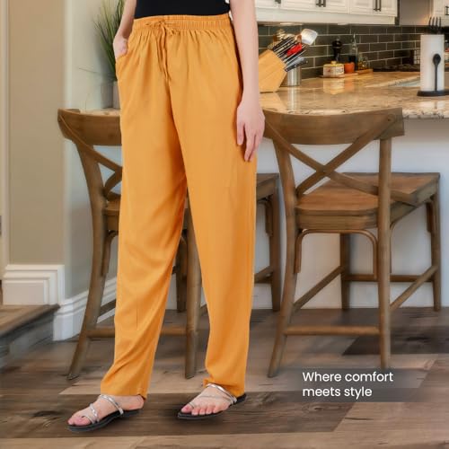 Happy Bunny Rayon Straight Pants for Women, Stylish Solid Regular Fit Kurti Bottom Wear with Elastic Waist, Adjustable Drawstring & Side Pocket, Casual, Office (2XL, Honey) - Image 3