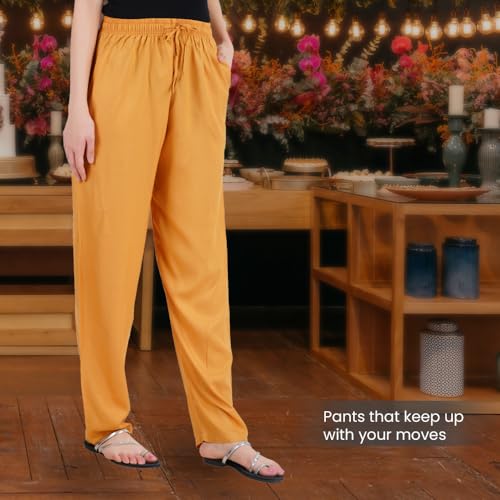 Happy Bunny Rayon Straight Pants for Women, Stylish Solid Regular Fit Kurti Bottom Wear with Elastic Waist, Adjustable Drawstring & Side Pocket, Casual, Office (2XL, Honey) - Image 5