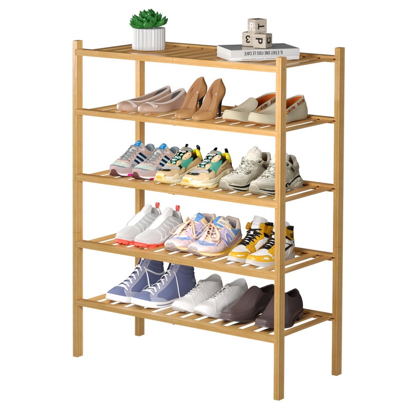 ROMGUAR CRAFT 5 Tier Bamboo Shoe Rack for Closet Free Standing Wood Shoe Shelf for Entryway Small Space Stackable 27x11x33 Natural