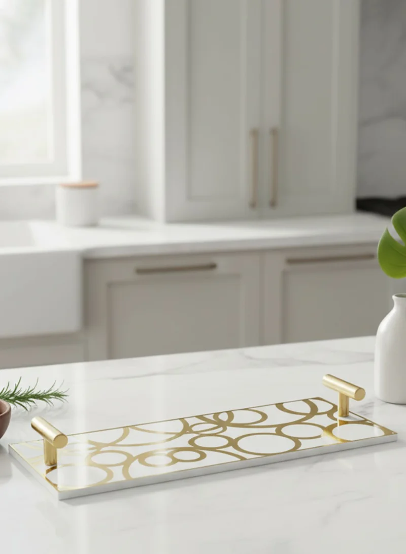 لوحة صينية تقديم من الأكريليك بتصميم مزخرف ومقابض معدنية ذهبية اللون