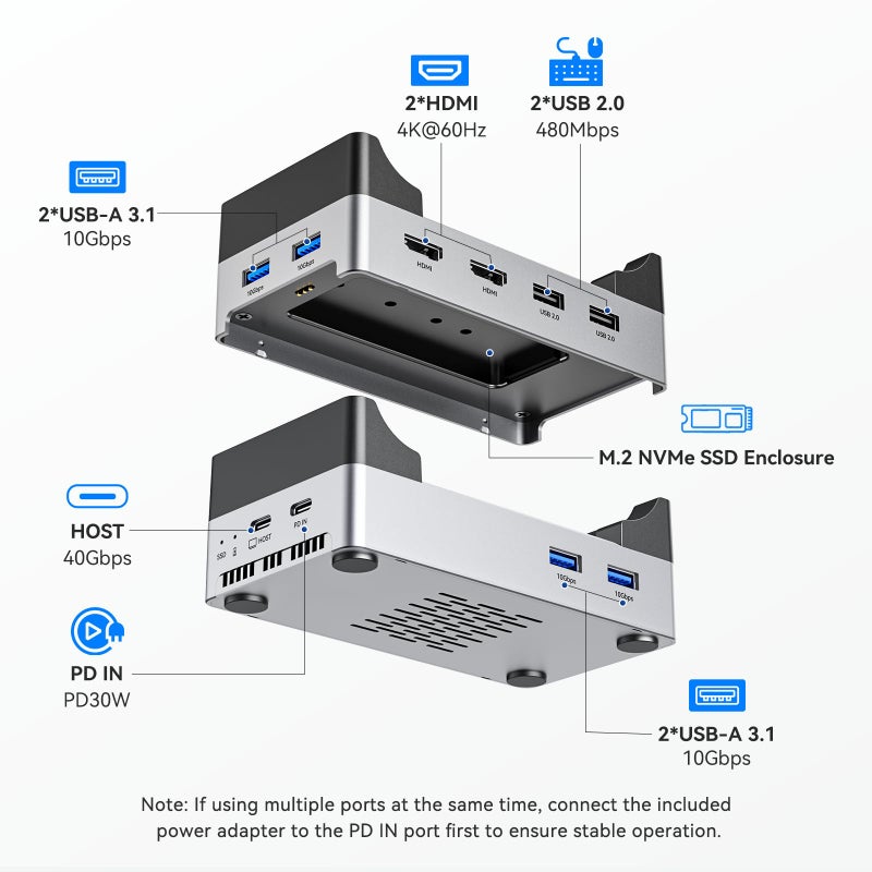 ANYOYO 40Gbps Mac mini M4 Dock and Stand with 8TB M.2 NVMe SSD Enclosure, Dual HDMI 4K@60Hz, 4Ã—USB-A 3.1(10Gbps), 2Ã—USB-A 2.0, Wi-Fi Signal Friendly Design, Aluminum USB-C Hub for Mac mini M4 - Image 3