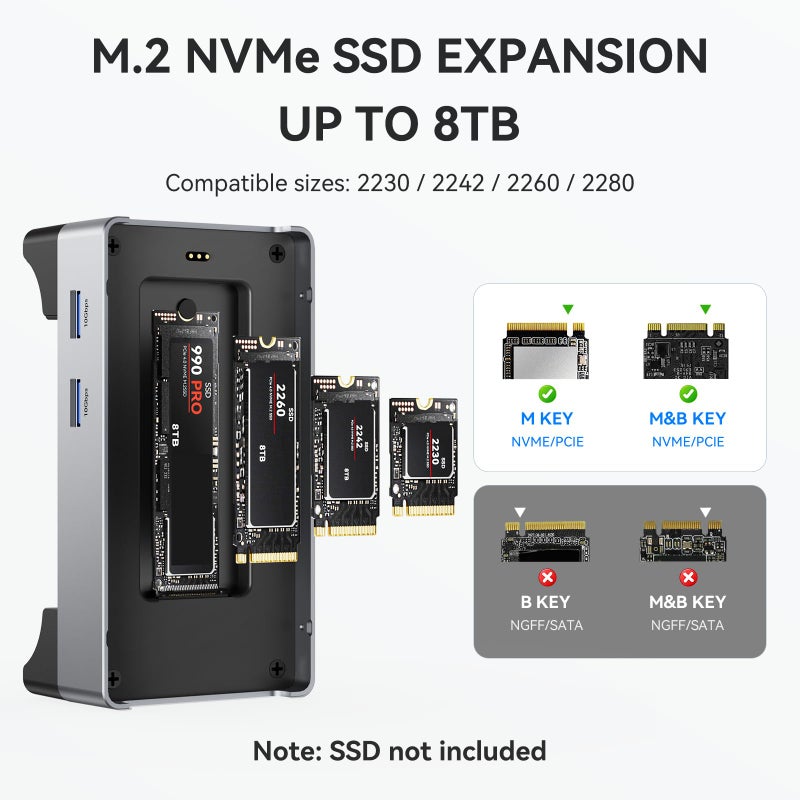 ANYOYO 40Gbps Mac mini M4 Dock and Stand with 8TB M.2 NVMe SSD Enclosure, Dual HDMI 4K@60Hz, 4Ã—USB-A 3.1(10Gbps), 2Ã—USB-A 2.0, Wi-Fi Signal Friendly Design, Aluminum USB-C Hub for Mac mini M4 - Image 5