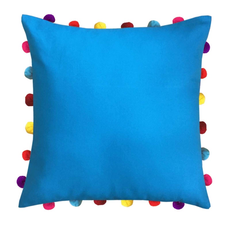 Lushomes Cushion Cover 18x18, Boho Cushion Covers, Sofa Pillow Cover, Cushion Covers with Tassels, Cushion Cover with pom pom (18x18 Inches, Set of 3, Blue) - Image 2