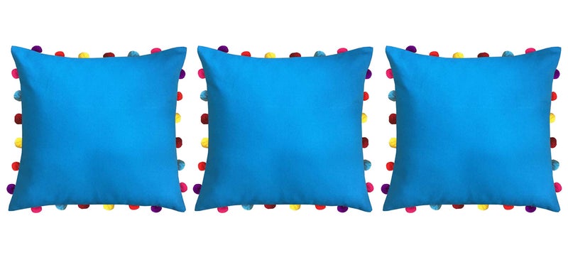 Lushomes Cushion Cover 18x18, Boho Cushion Covers, Sofa Pillow Cover, Cushion Covers with Tassels, Cushion Cover with pom pom (18x18 Inches, Set of 3, Blue) - Image 1