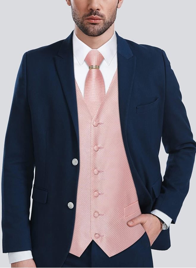 DiBanGu Mens Suit Vest Set, 5 PCS Tuxedo Waistcoat and Tie Pocket Square Cufflinks Tie Ring for Wedding, Blush Pink, 3XL - Image 3