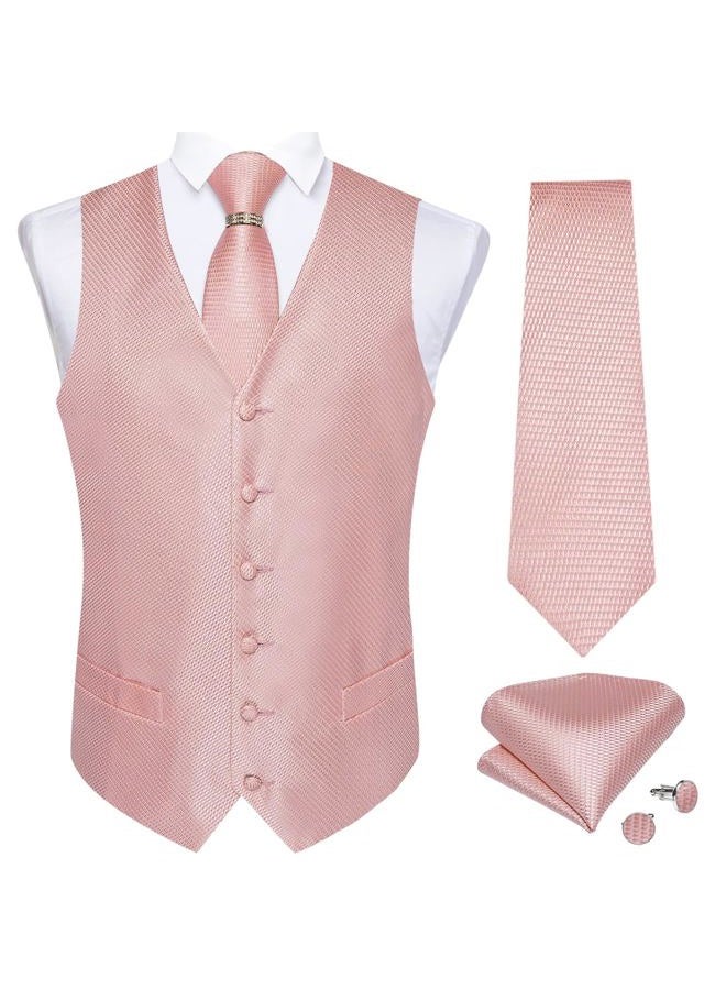 DiBanGu Mens Suit Vest Set, 5 PCS Tuxedo Waistcoat and Tie Pocket Square Cufflinks Tie Ring for Wedding, Blush Pink, 3XL - Image 2