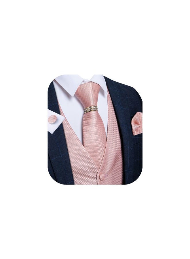 DiBanGu Mens Suit Vest Set, 5 PCS Tuxedo Waistcoat and Tie Pocket Square Cufflinks Tie Ring for Wedding, Blush Pink, 3XL - Image 1
