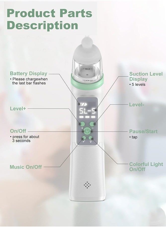 BELLSBERRY - Electric Nasal Aspirator Gentle Nose Suction for Babies, Automatic Nose Cleaner with 3 Silicone Tips, 5 Suction Modes, Baby Nose Sucker with Music and Light Soothing Function - Image 1