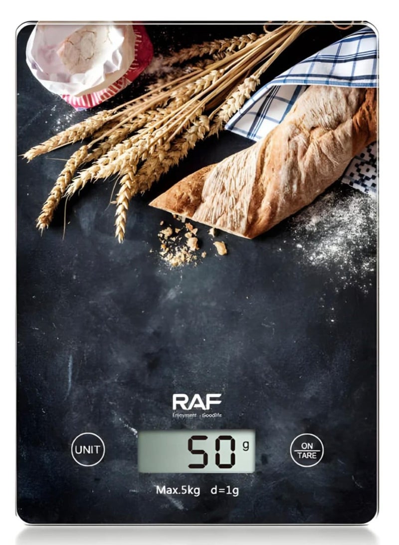 آر إيه أف ميزان مطبخ رقمي من RAF بسعة 5 كجم - ميزان طعام دقيق للخبز والطهي مزود بـ 4 مستشعرات وزن، وإيقاف تلقائي، ومؤشر للحمل الزائد - Image 1