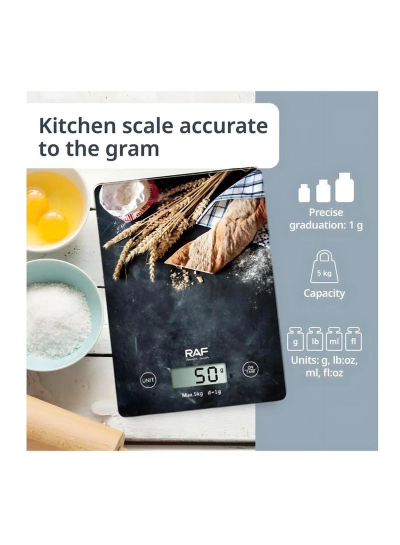 آر إيه أف ميزان مطبخ رقمي من RAF بسعة 5 كجم - ميزان طعام دقيق للخبز والطهي مزود بـ 4 مستشعرات وزن، وإيقاف تلقائي، ومؤشر للحمل الزائد - Image 4