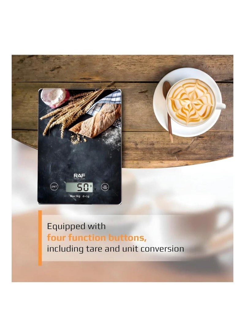 آر إيه أف ميزان مطبخ رقمي من RAF بسعة 5 كجم - ميزان طعام دقيق للخبز والطهي مزود بـ 4 مستشعرات وزن، وإيقاف تلقائي، ومؤشر للحمل الزائد - Image 5