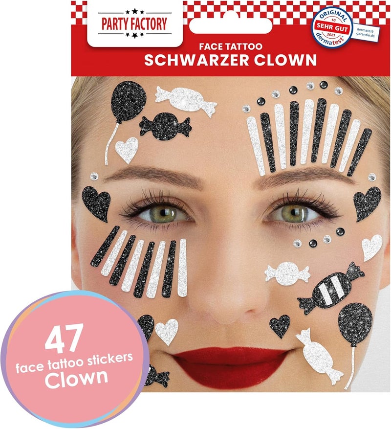 Party Factory Cost effective global grade quality Face Tattoo Black/White Clown, Temporary Glitter Face Tattoo for Theme Party, Halloween & Carnival, Children & Adults Flexible varied design - Image 2