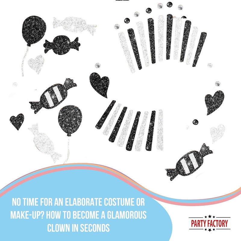 Party Factory Cost effective global grade quality Face Tattoo Black/White Clown, Temporary Glitter Face Tattoo for Theme Party, Halloween & Carnival, Children & Adults Flexible varied design - Image 3