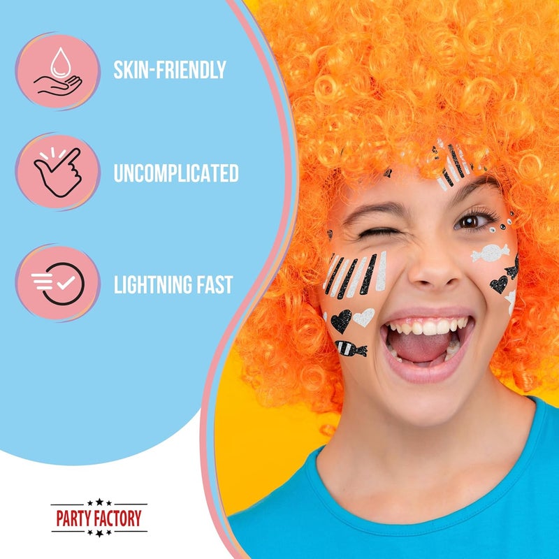 Party Factory Cost effective global grade quality Face Tattoo Black/White Clown, Temporary Glitter Face Tattoo for Theme Party, Halloween & Carnival, Children & Adults Flexible varied design - Image 4