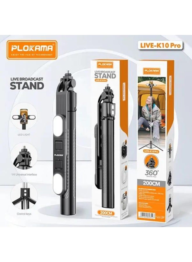 PLOKAMA PLOKAMA K10 Pro Tongsis Tripod Bluetooth Selfie Stick 2 LED Lights Remote Phone Camera 2 Meter Multifunction - K10 PRO - 2 LED  - Image 1