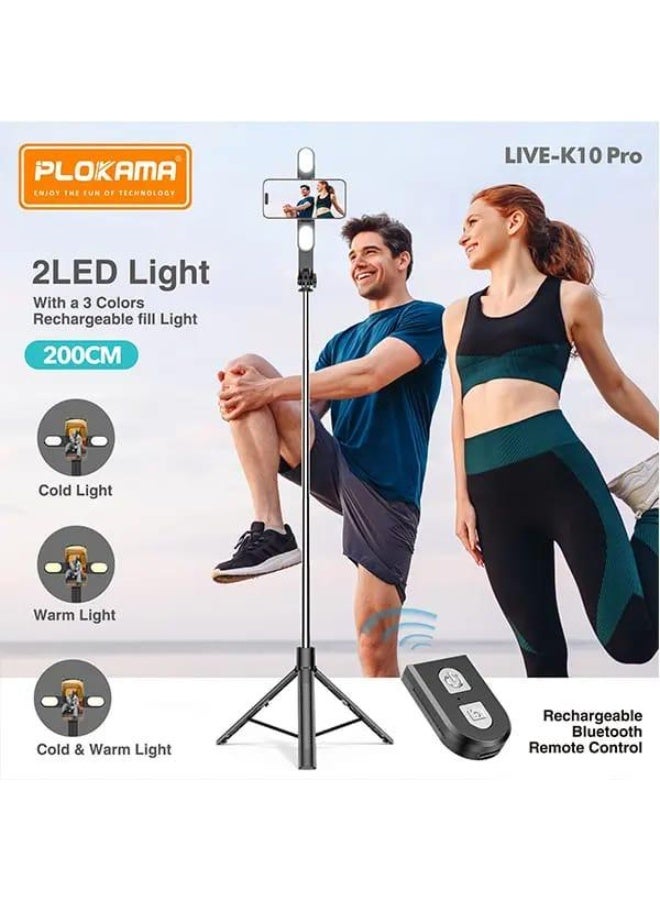 PLOKAMA PLOKAMA K10 Pro Tongsis Tripod Bluetooth Selfie Stick 2 LED Lights Remote Phone Camera 2 Meter Multifunction - K10 PRO - 2 LED  - Image 2