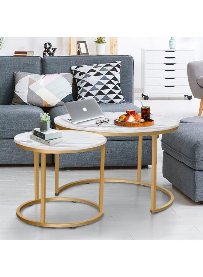 Round Nesting Table, Removable Set of 2 Coffee Tables, Stacking Sofa Side Table End Table, for Living Room, Bedroom, Office, Balcony, Apartment (White and Gold ,CJ022) - Image 1