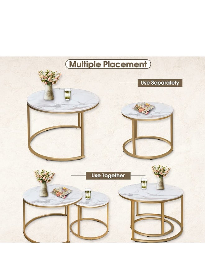 Round Nesting Table, Removable Set of 2 Coffee Tables, Stacking Sofa Side Table End Table, for Living Room, Bedroom, Office, Balcony, Apartment (White and Gold ,CJ022) - Image 2