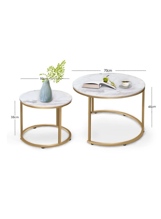 Round Nesting Table, Removable Set of 2 Coffee Tables, Stacking Sofa Side Table End Table, for Living Room, Bedroom, Office, Balcony, Apartment (White and Gold ,CJ022) - Image 3