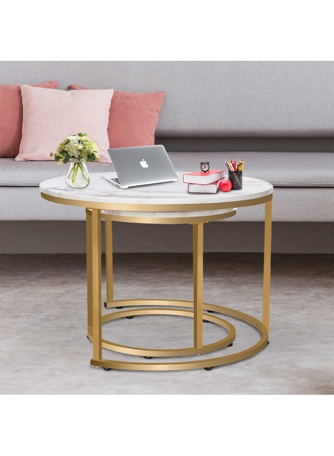 Round Nesting Table, Removable Set of 2 Coffee Tables, Stacking Sofa Side Table End Table, for Living Room, Bedroom, Office, Balcony, Apartment (White and Gold ,CJ022) - Image 5