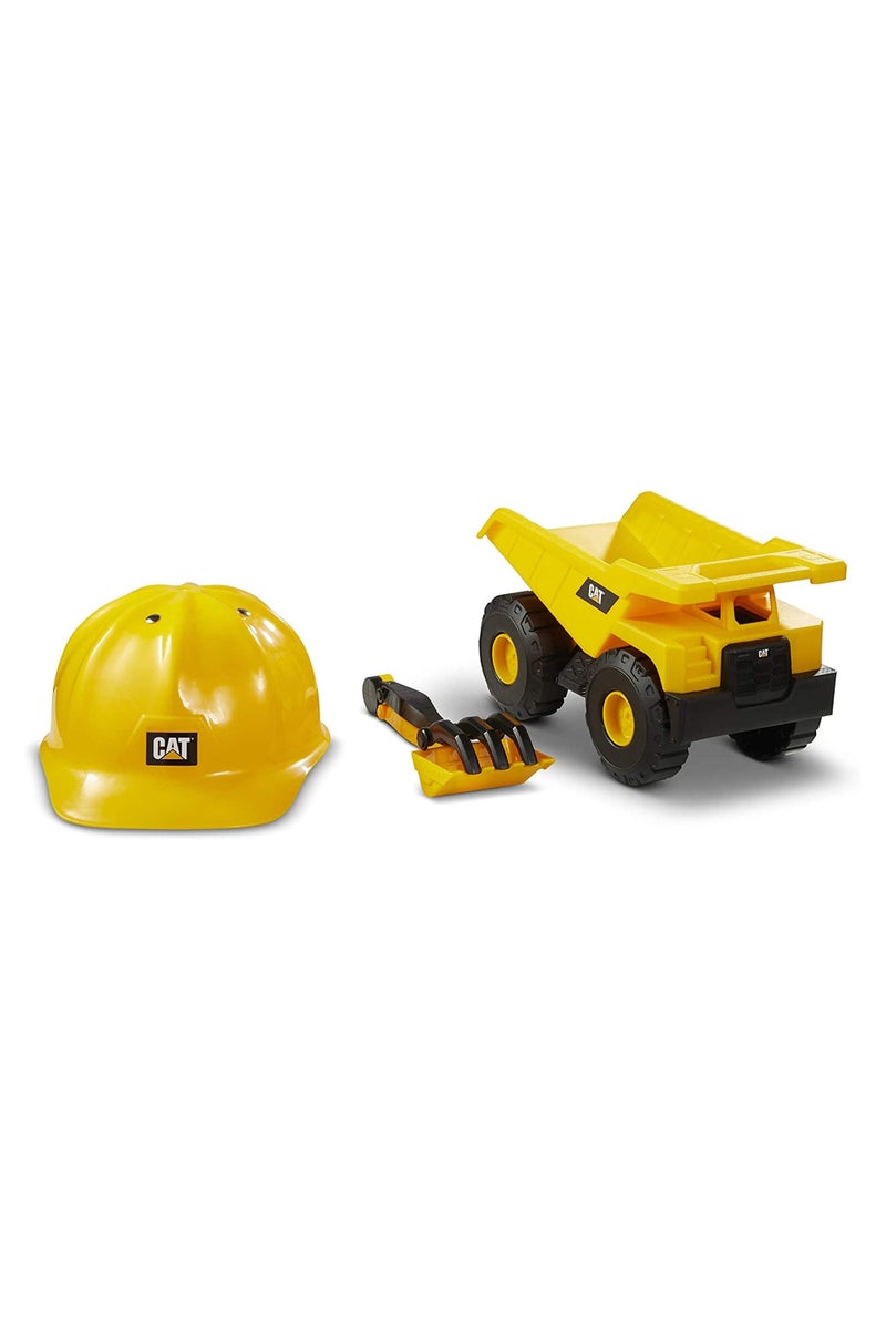 CATERPILLAR مجموعة رمل أسطول البناء من كات مع خوذة، مركبة بطول 10 بوصات | شاحنة تفريغ وحفار عجلات | مركبة تعمل بالدفع | مركبة بناء | مركبة لعب قابلة للجمع للأطفال - Image 1