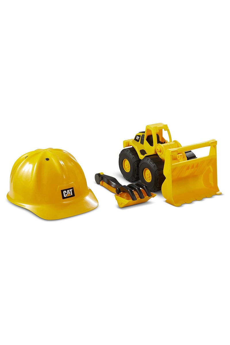 CATERPILLAR مجموعة رمل أسطول البناء من كات مع خوذة، مركبة بطول 10 بوصات | شاحنة تفريغ وحفار عجلات | مركبة تعمل بالدفع | مركبة بناء | مركبة لعب قابلة للجمع للأطفال - Image 5