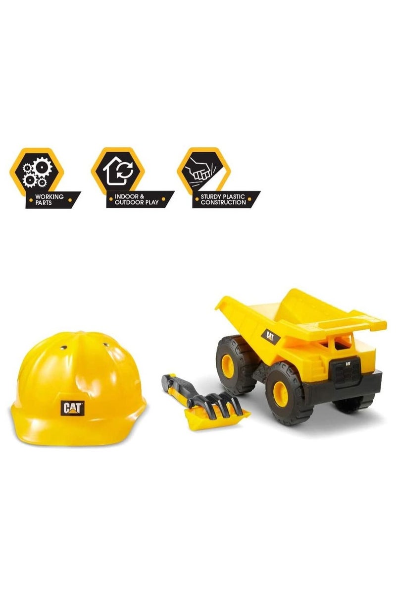 CATERPILLAR مجموعة رمل أسطول البناء من كات مع خوذة، مركبة بطول 10 بوصات | شاحنة تفريغ وحفار عجلات | مركبة تعمل بالدفع | مركبة بناء | مركبة لعب قابلة للجمع للأطفال - Image 4