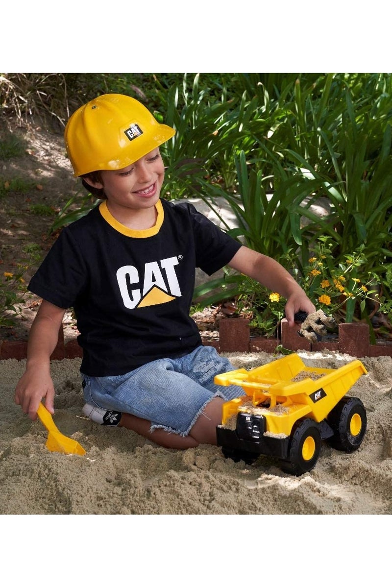 CATERPILLAR مجموعة رمل أسطول البناء من كات مع خوذة، مركبة بطول 10 بوصات | شاحنة تفريغ وحفار عجلات | مركبة تعمل بالدفع | مركبة بناء | مركبة لعب قابلة للجمع للأطفال - Image 2