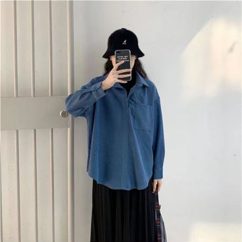Autumn Winter Mock-Layered Long Sleeve Shirt 880 blue with pockets fabric