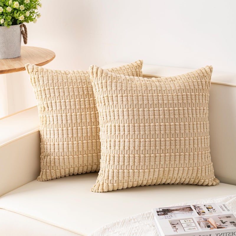 Aegero Pack of 2 Corduroy Decorative Throw Pillow Covers 24x24 InchSoft Striped Pillow Covers Modern Farmhouse Home Decor for Sofa Living Room Couch Bed（Beige） - Image 1