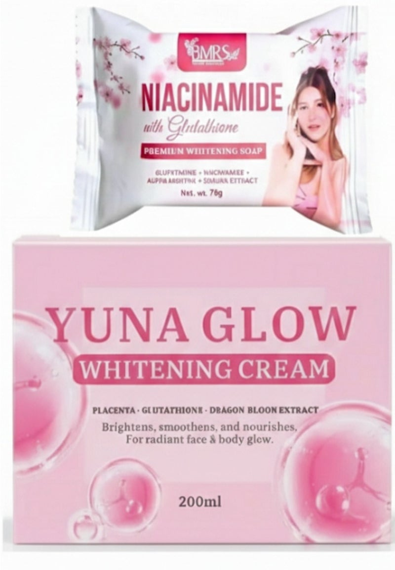 BMRS Yuna Glow Whitening Set: Whitening Cream (200ml) + Niacinamide with Glutathione Soap (70g) – For Radiant & Brightening Face and Body