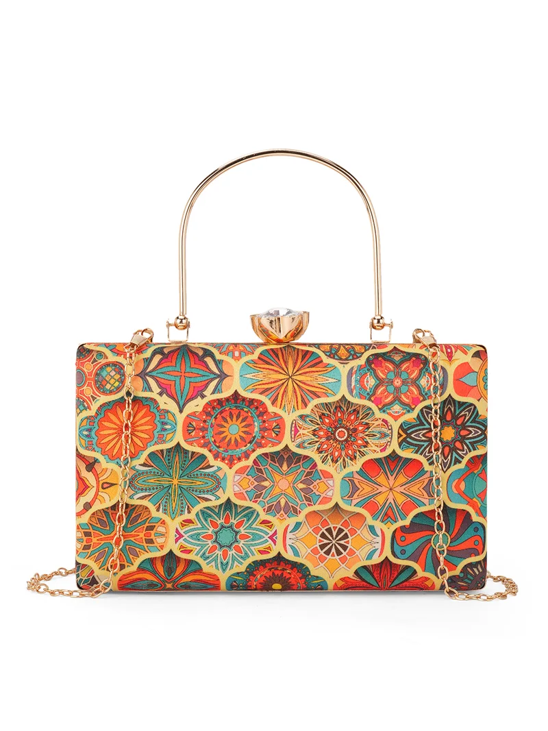 globus Globus Women Multi Yellow Floral Ethnic Motifs Printed Party Clutch With Detachable Chain Strap