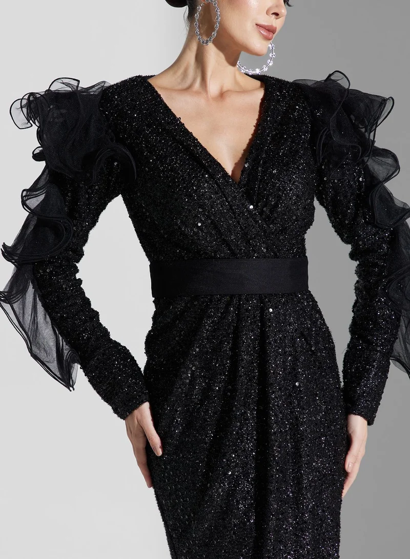 Iyra Sequin Ruffle Evening Dress