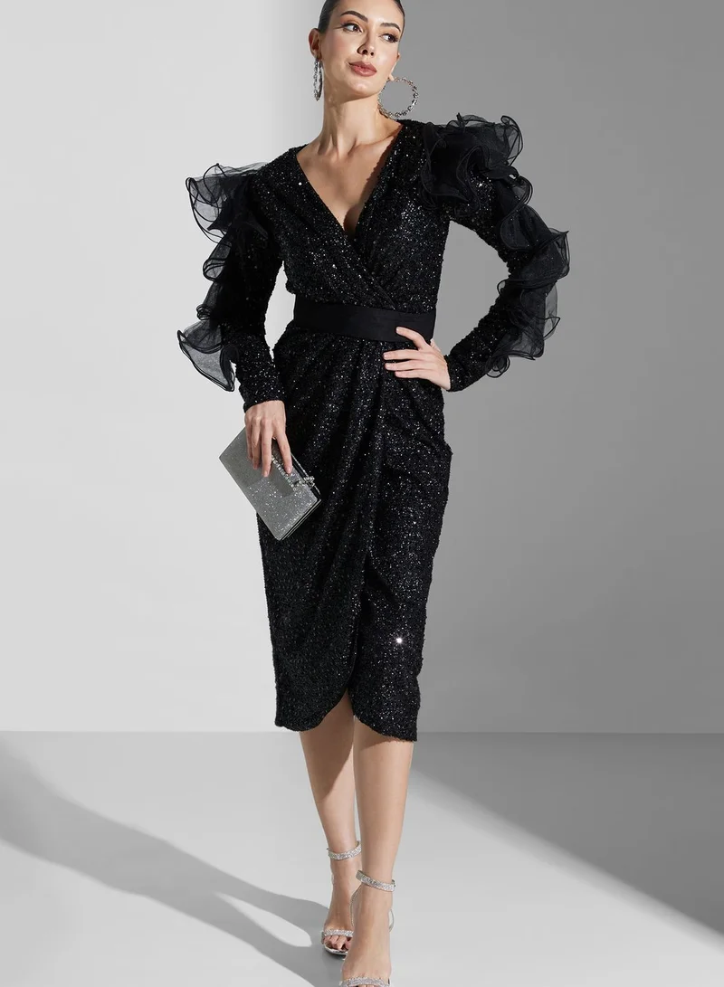 Iyra Sequin Ruffle Evening Dress