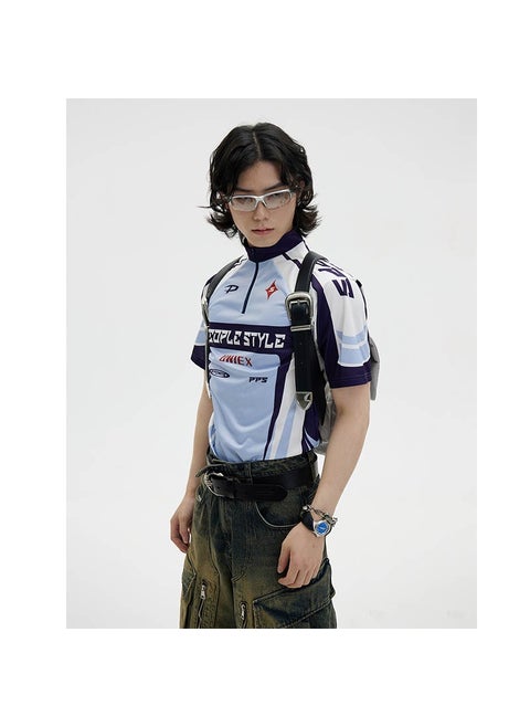 Color-Block Cycling Tee Contrast Elastic Fit blue