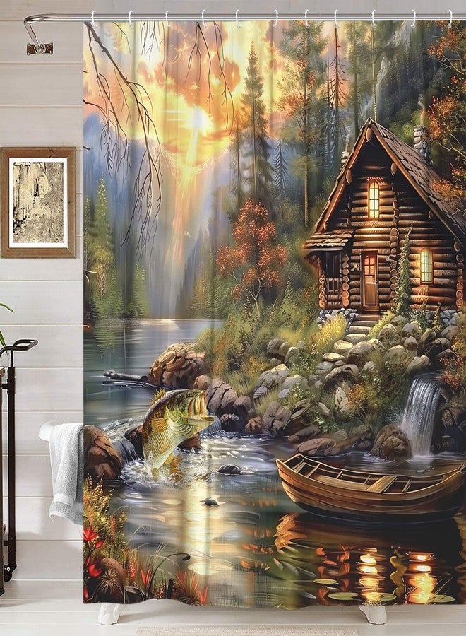 VeiVian ستارة حمام بتصميم كوخ ريفي، ستارة حمام بتصميم ريفي لصيد سمك القاروص في البحيرة، إكسسوارات حمام بتصميم فني مرح مستوحى من الطبيعة والصيد، مع 12 خطافًا، مقاس 60 × 70 بوصة - Image 1