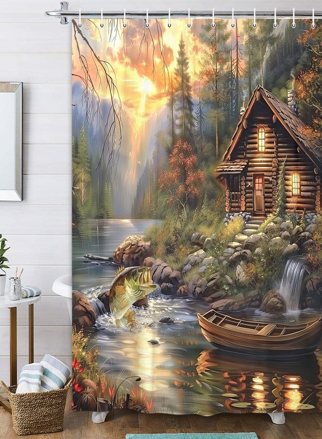 VeiVian ستارة حمام بتصميم كوخ ريفي، ستارة حمام بتصميم ريفي لصيد سمك القاروص في البحيرة، إكسسوارات حمام بتصميم فني مرح مستوحى من الطبيعة والصيد، مع 12 خطافًا، مقاس 60 × 70 بوصة - Image 2