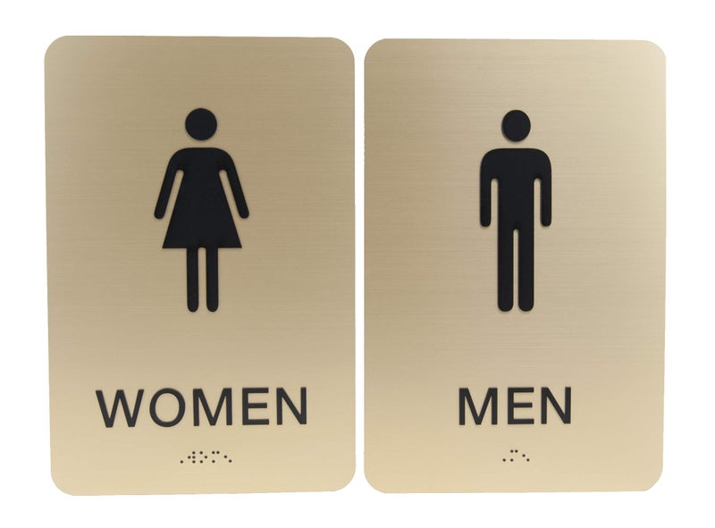 SBlabels Non-Accessible/Wheelchair Men & Women ADA Restroom (Bathroom) Sign Set w/Braille - Gold - Image 1