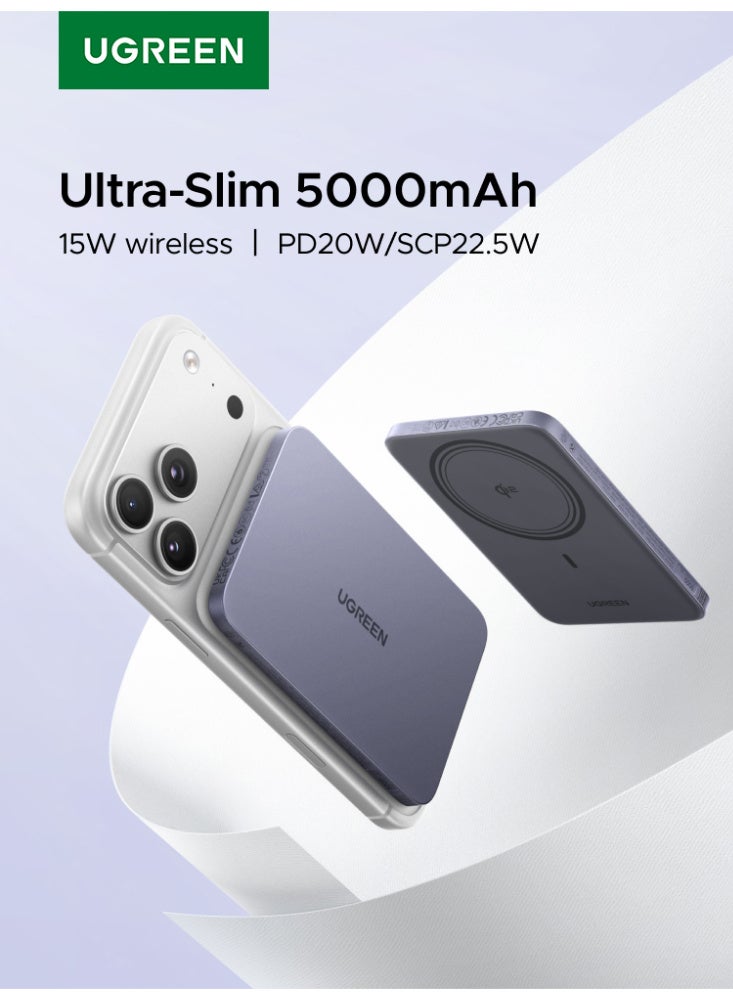 Ugreen Ultra-Slim Qi2 15W Magsafe Power Bank 5000mAh,  Wireless Charging, PD 20W Fast Charging Battery Pack, Non-Overheating, Strong Magnetic for iPhone 17/16/15/14, Magflow Air Series, Grey Grey - Image 1