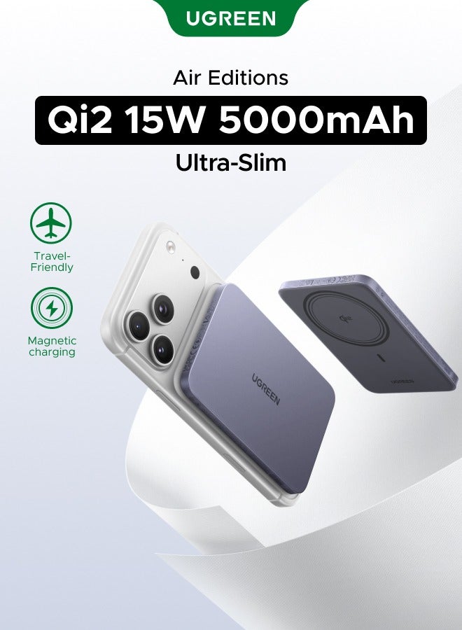 Ugreen Ultra-Slim Qi2 15W Magsafe Power Bank 5000mAh,  Wireless Charging, PD 20W Fast Charging Battery Pack, Non-Overheating, Strong Magnetic for iPhone 17/16/15/14, Magflow Air Series, Grey 5000mAh - Image 1