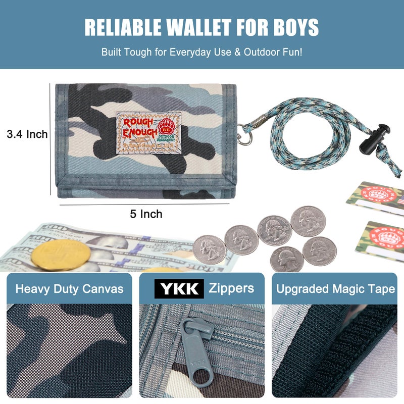 RE ROUGH ENOUGH Rough Enough Kids Wallet for Boys Teen with Neck Lanyard Keychain Blue Camo Canvas - Image 4