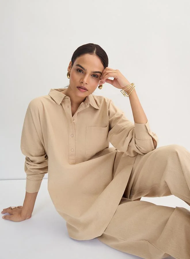 Femmella  Beige Cotton Linen Button Detail Tunic for Women | Best Price UAE