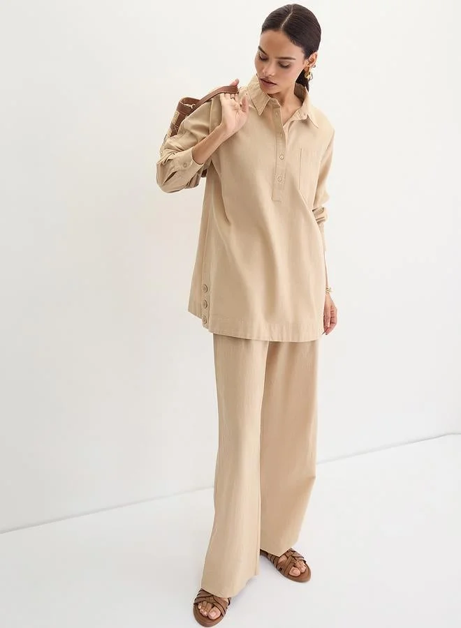 Femmella  Beige Cotton Linen Button Detail Tunic for Women | Best Price UAE