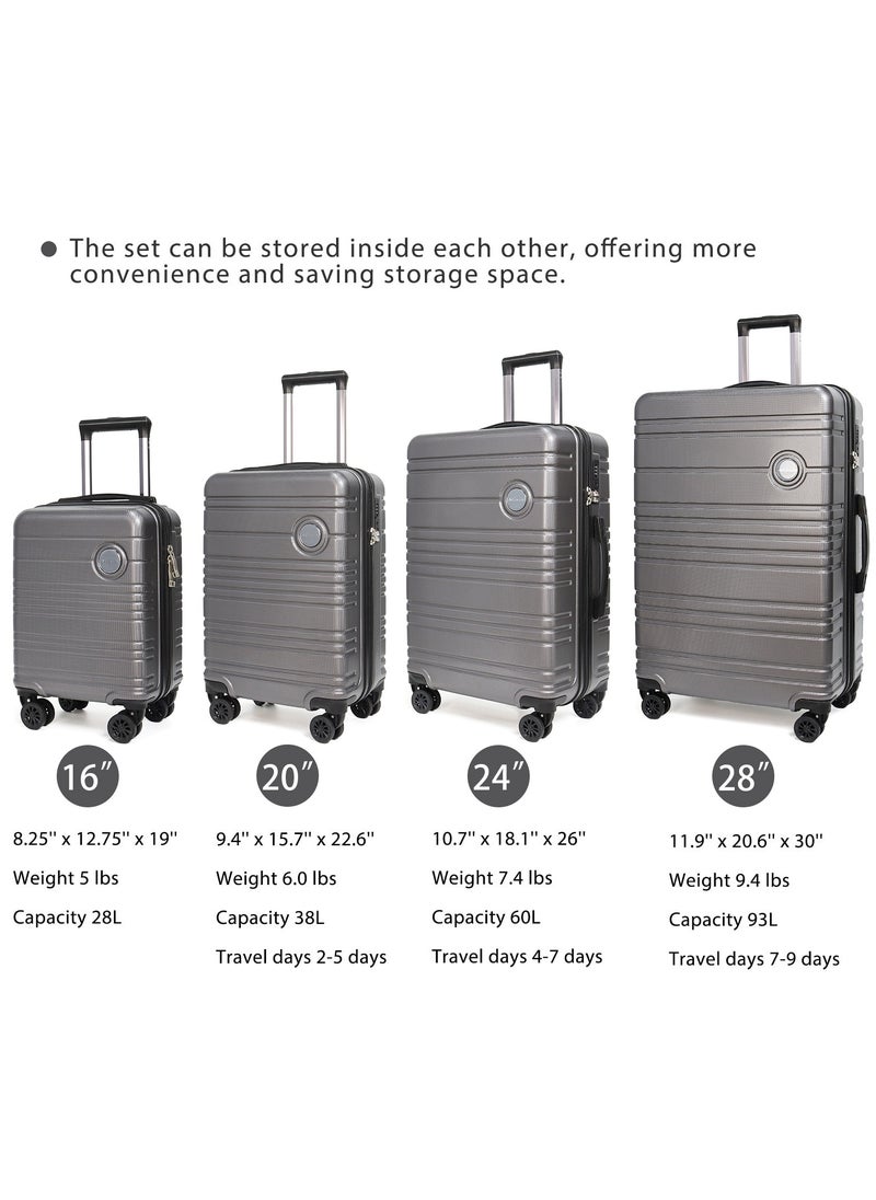 Aklsvion Hard Case Trolley Luggage Set Of 4 For Unisex ABS Lightweight 4 Double Wheeled Suitcase With Built In TSA Type Lock Grey